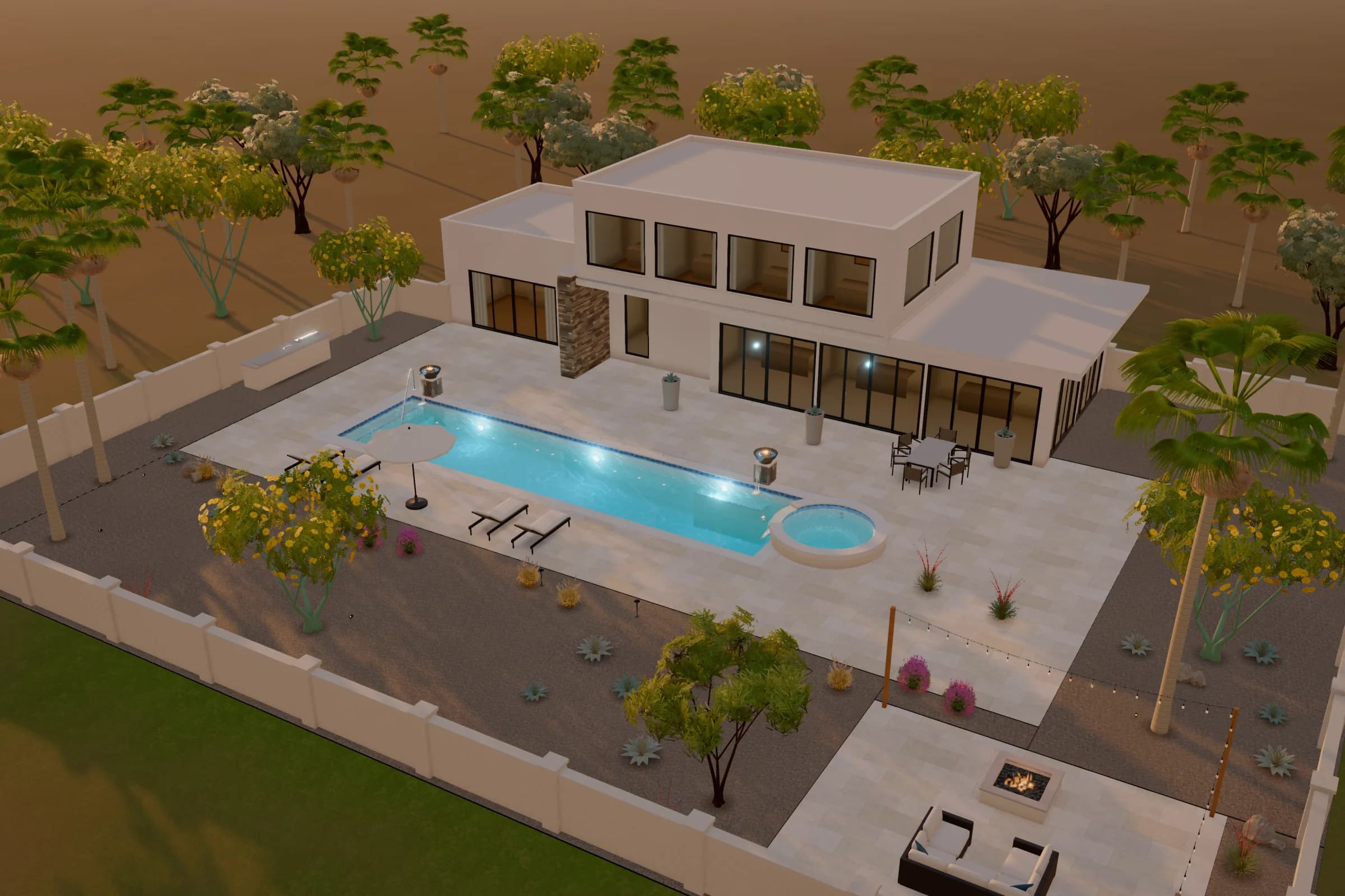 Desert Modern, aerial: a fictional backyard in PoolQuote's 3D view