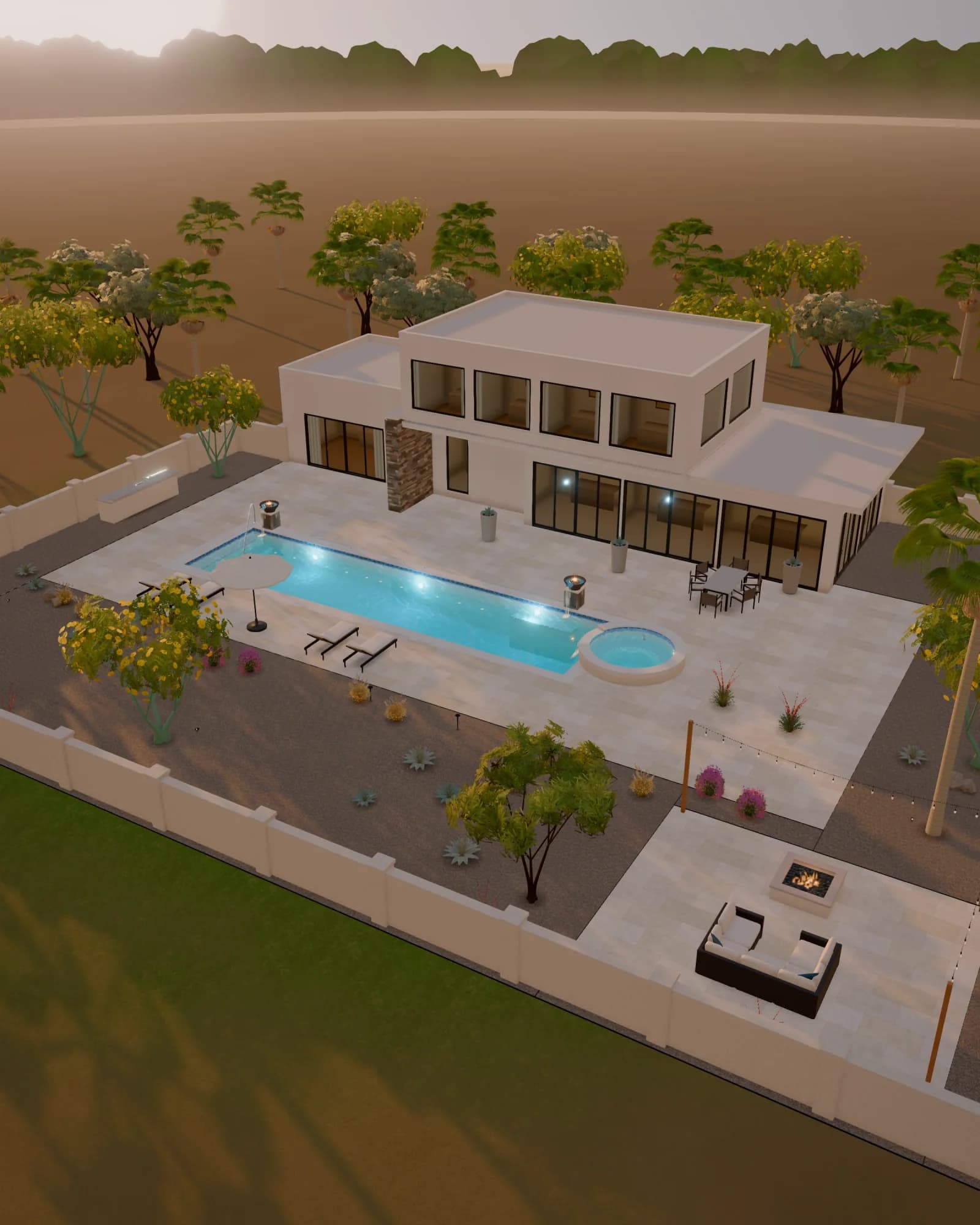 Desert Modern: a fictional backyard in PoolQuote's 3D view, aerial