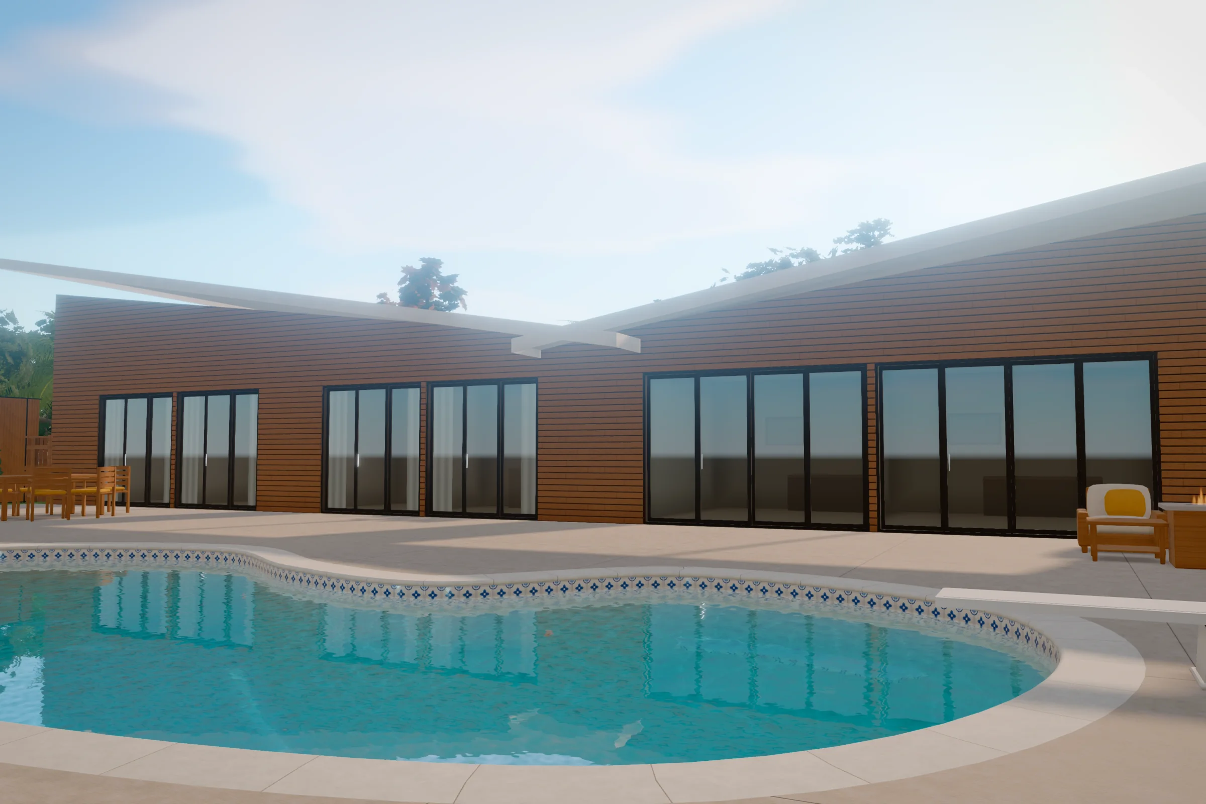 Mid-Century Modern, poolside: a fictional backyard in PoolQuote's 3D view