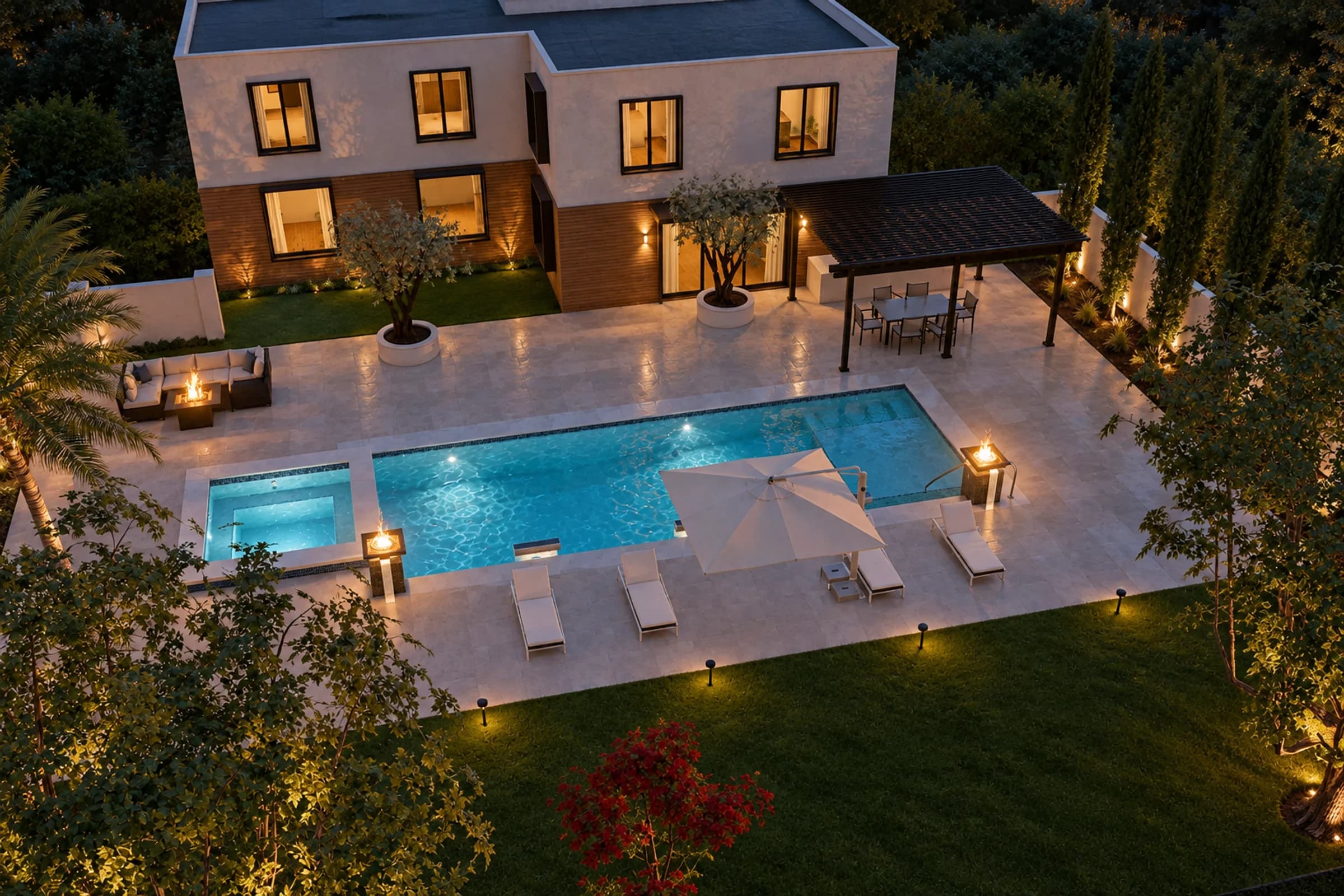 Modern estate, photoreal, aerial view