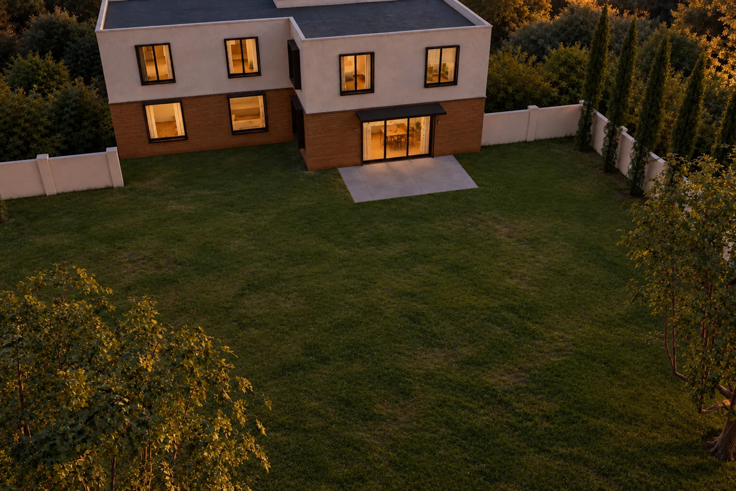 Modern estate, property today, aerial view