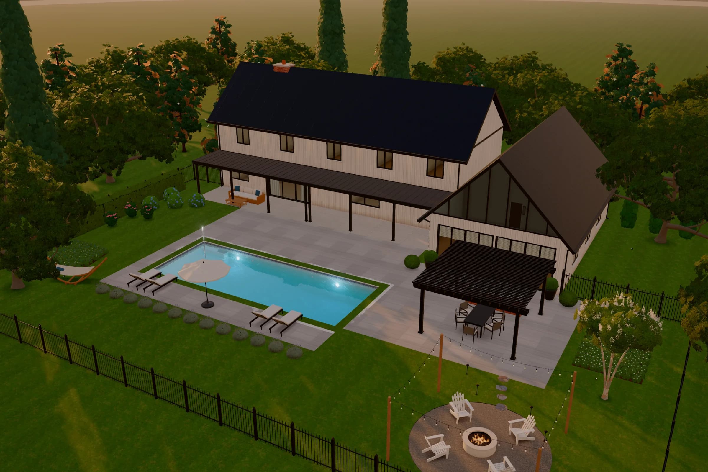 Modern Farmhouse, aerial: a fictional backyard in PoolQuote's 3D view