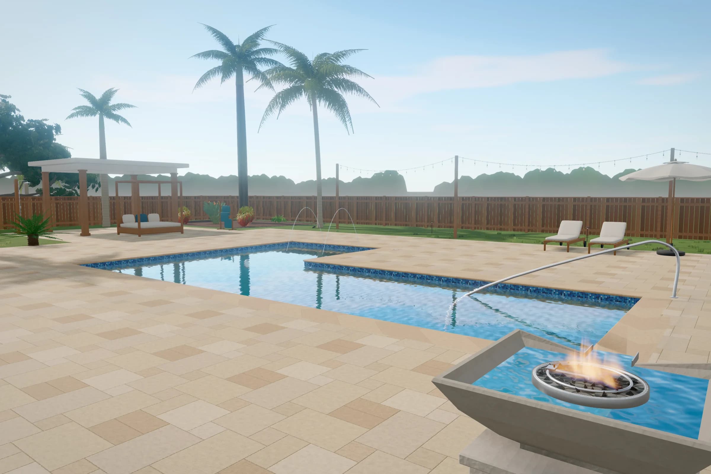 Tropical Modern, from the patio: a fictional backyard in PoolQuote's 3D view