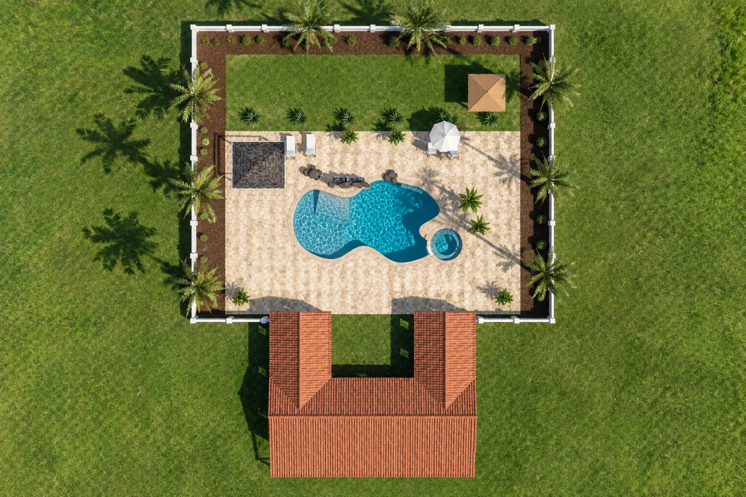Tropical resort from straight above: a photoreal AI render made from the 3D model
