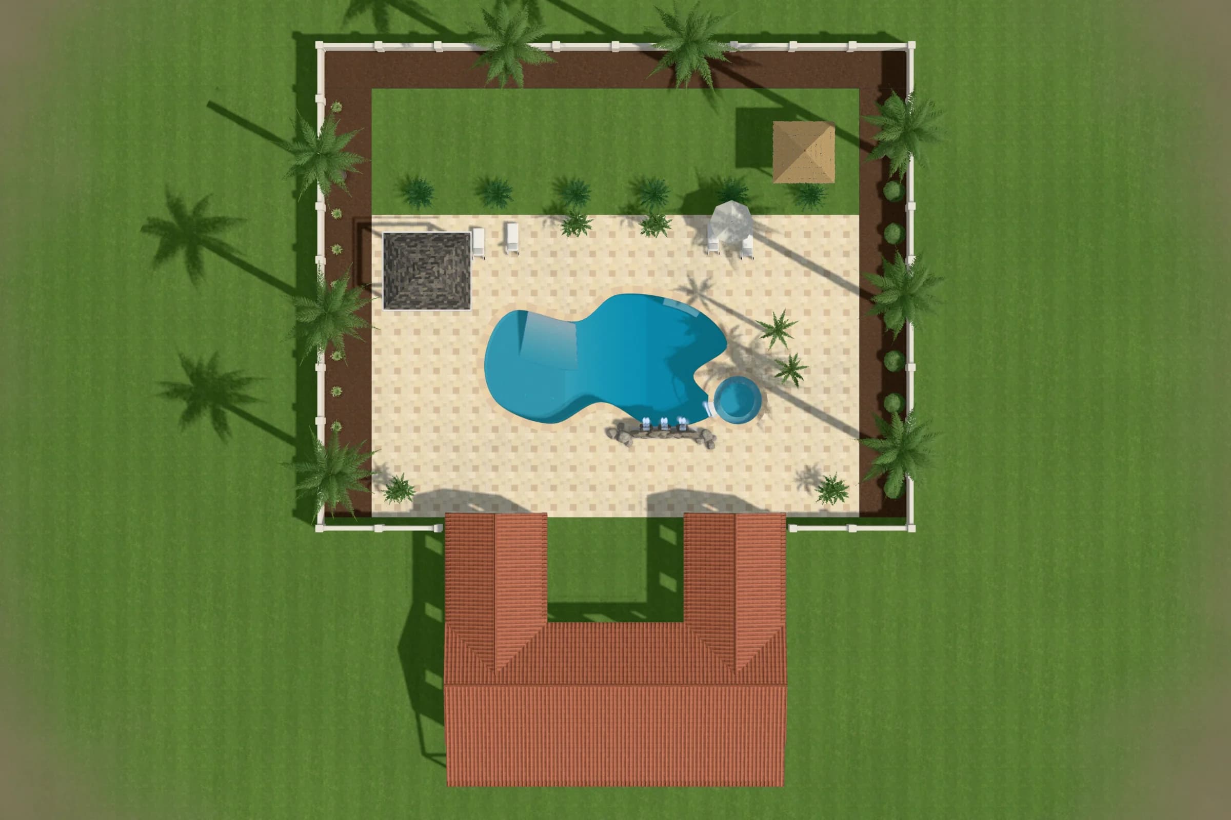 Tropical resort from straight above: the same plan in PoolQuote's 3D view